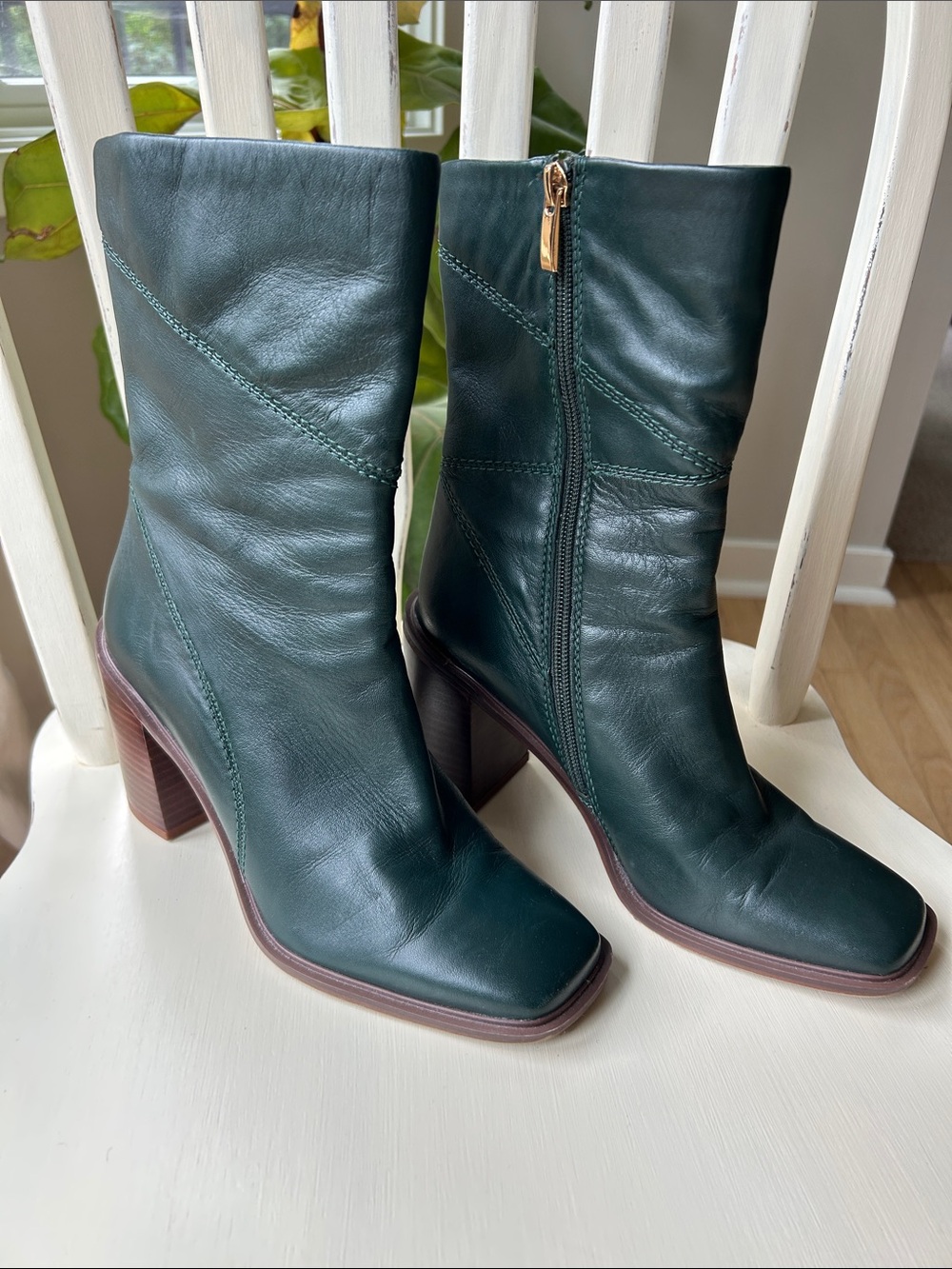 Franco Sarto L-Stevie Dark Green Leather Mid-Calf Block Heel Boots, Size 7.5